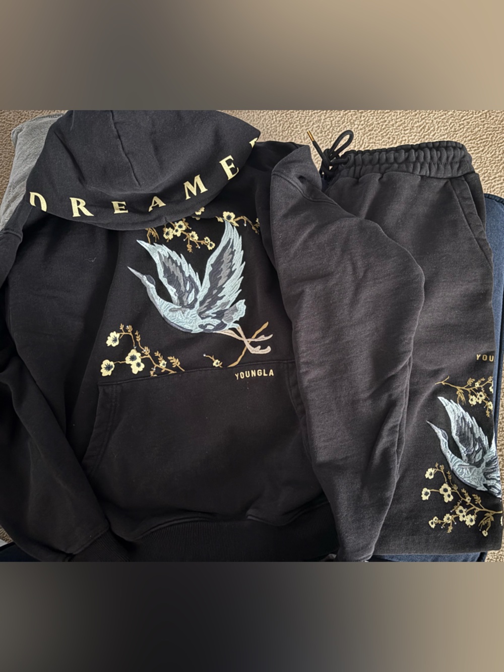 YoungLA Black Hoodie and Sweatpants with Embroidered Accent
